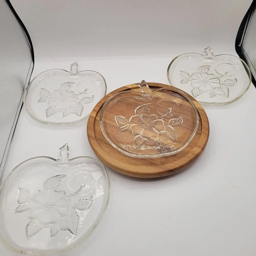 4‎ Vintage Hazel Atlas Clear Glass Snack Plate Apple Shape Floral 8